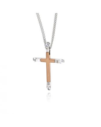 Σταυρός Βάπτισης με Αλυσίδα για Κορίτσι από Λευκό και Ροζ Χρυσό Κ14 με Πέτρες Ζιργκόν 038466