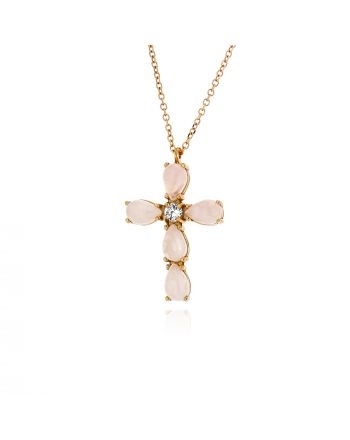 Σταυρός Γυναικείος από Ροζ Χρυσό Κ14 με Αλυσίδα και Πέτρες Χαλαζία 041474