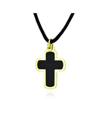 Ανδρικός Σταυρός από Κίτρινο Χρυσό Κ14 με Κεραμικό και Κορδόνι 041838