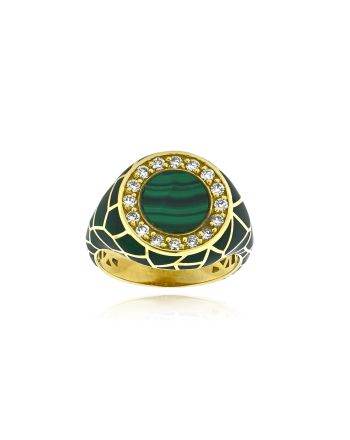 Δαχτυλίδι Σεβαλιέ από Κίτρινο Χρυσό Κ18 με Διαμάντια, Μαλαχίτη και Σμάλτο 042300